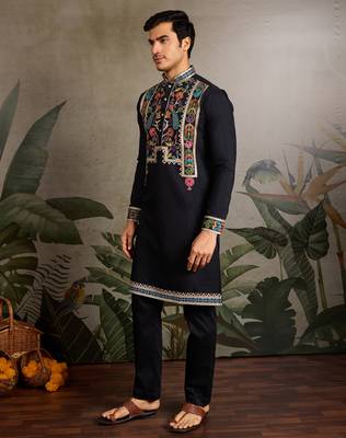 Black viscose silk thread with sequence embroidered work kurta only 2