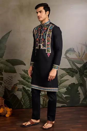 Black viscose silk thread with sequence embroidered work kurta only