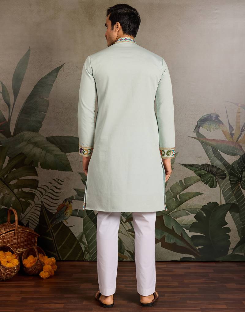 Pista green viscose silk thread with sequence embroidered work kurta only
