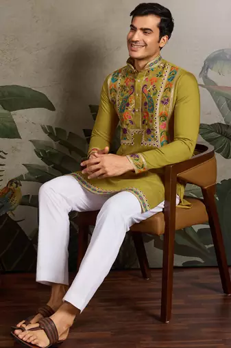 Fluorescent green viscose silk thread with sequence embroidered work kurta only
