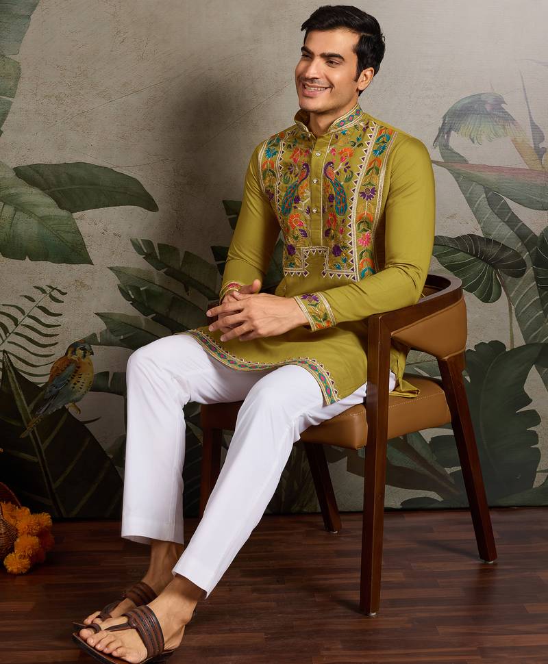 Fluorescent green viscose silk thread with sequence embroidered work kurta only