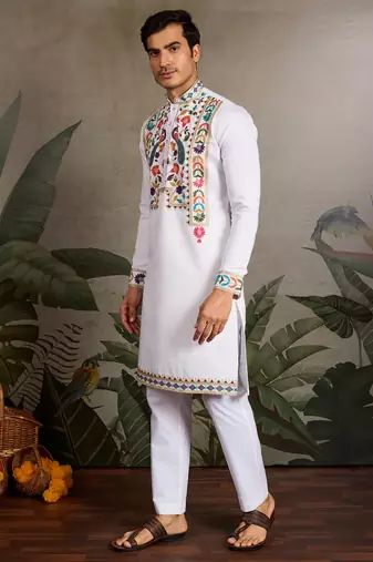 White viscose silk thread with sequence embroidered work kurta only