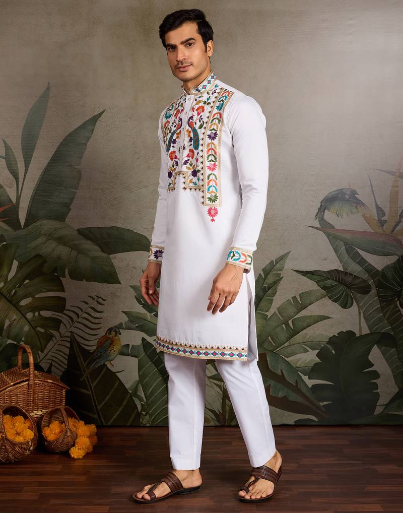 White viscose silk thread with sequence embroidered work kurta only