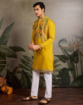 Yellow viscose silk thread with sequence embroidered work kurta only 1