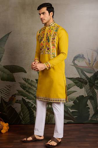 Yellow viscose silk thread with sequence embroidered work kurta only
