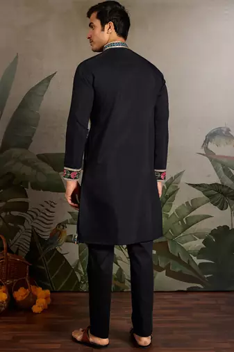 Black viscose silk thread with sequence embroidered work kurta only