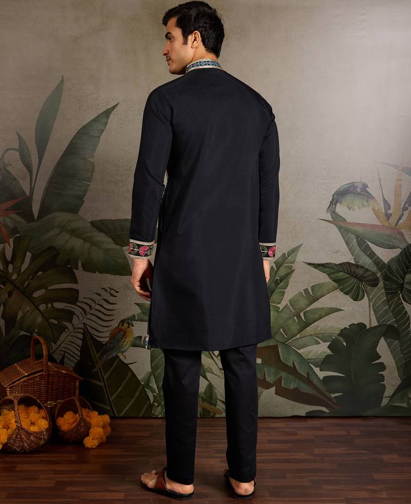 Black viscose silk thread with sequence embroidered work kurta only