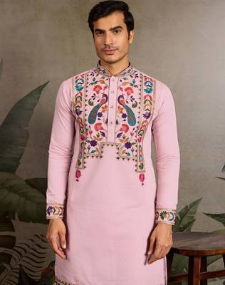 Pink viscose silk thread with sequence embroidered work kurta only 5