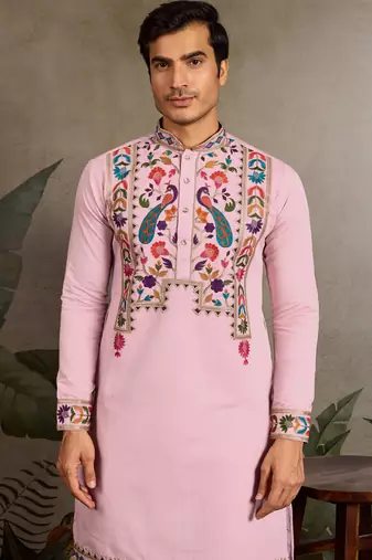 Pink viscose silk thread with sequence embroidered work kurta only