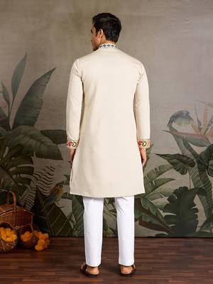 Beige viscose silk thread with sequence embroidered work kurta only 4