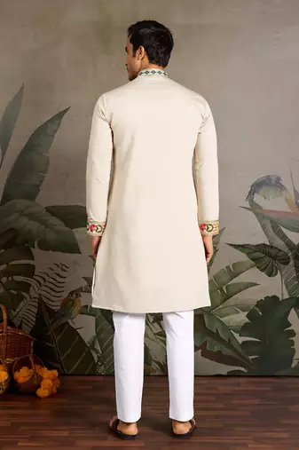 Beige viscose silk thread with sequence embroidered work kurta only