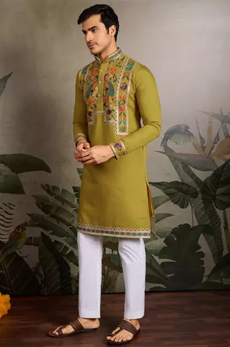 Fluorescent green viscose silk thread with sequence embroidered work kurta only