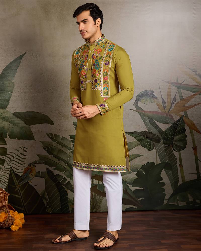 Fluorescent green viscose silk thread with sequence embroidered work kurta only