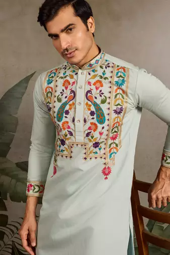 Pista green viscose silk thread with sequence embroidered work kurta only