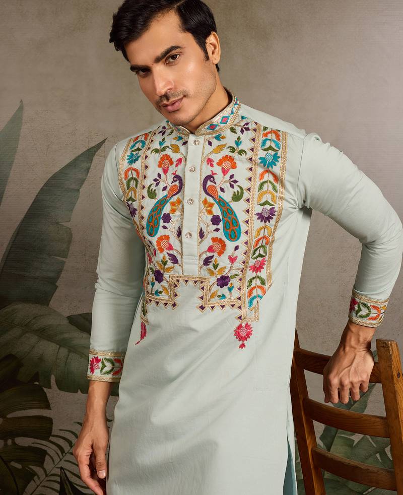 Pista green viscose silk thread with sequence embroidered work kurta only