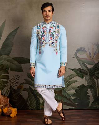 Sky blue viscose silk thread with sequence embroidered work kurta only 1