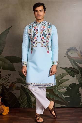 Sky blue viscose silk thread with sequence embroidered work kurta only