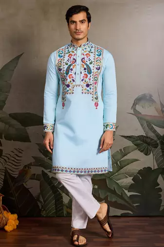 Sky blue viscose silk thread with sequence embroidered work kurta only