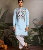 Sky blue viscose silk thread with sequence embroidered work kurta only