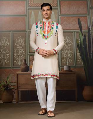 Cream pure cotton real mirror with multi thread work kurta only 1