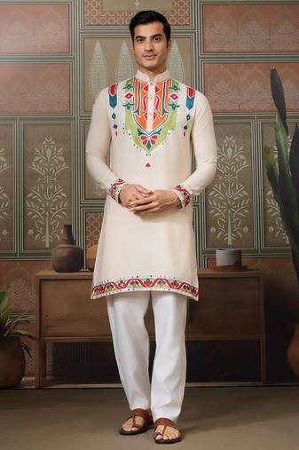 Cream pure cotton real mirror with multi thread work kurta only
