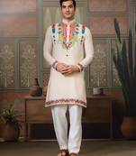 Cream pure cotton real mirror with multi thread work kurta only