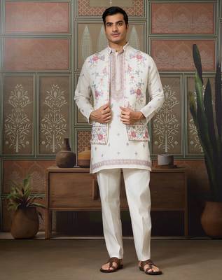 White viscose silk multi thread with sequence embroidered work kurta jacket & bottom 1