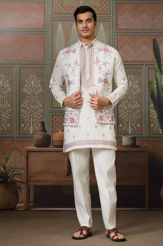 White viscose silk multi thread with sequence embroidered work kurta jacket & bottom