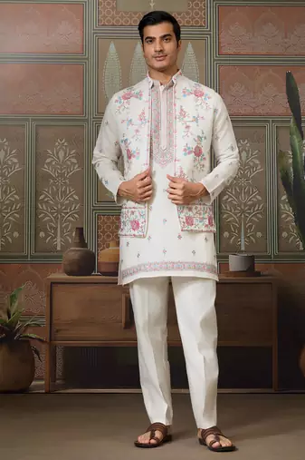 White viscose silk multi thread with sequence embroidered work kurta jacket & bottom