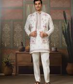 White viscose silk multi thread with sequence embroidered work kurta jacket & bottom