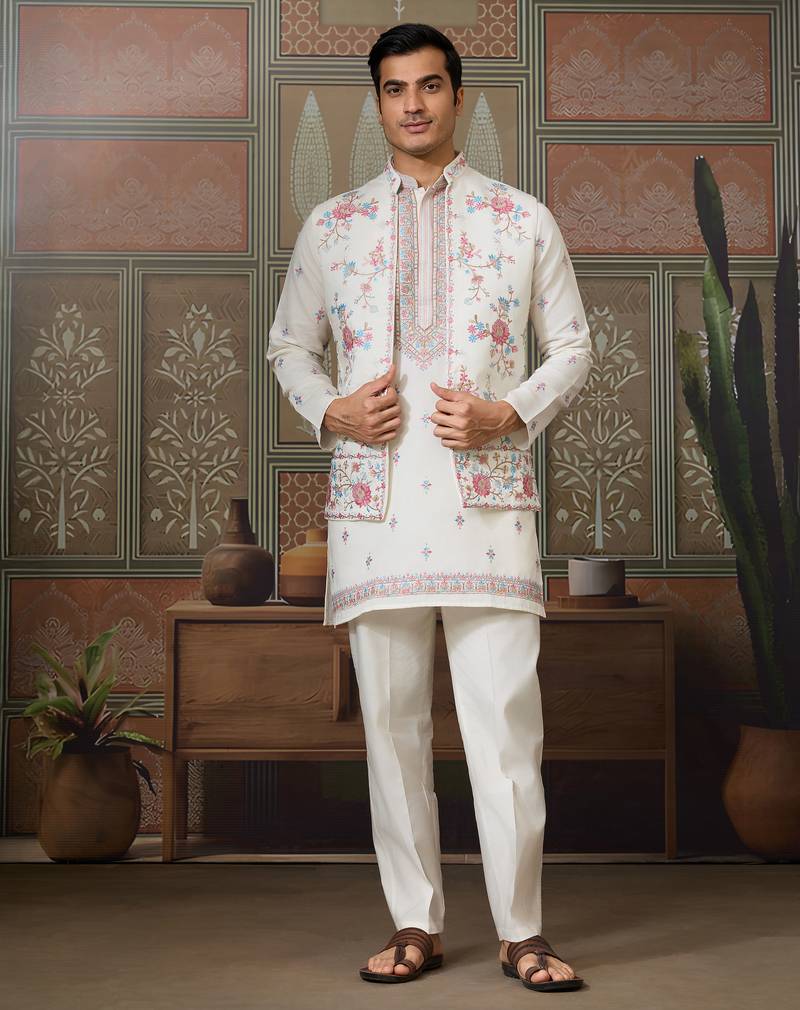 White viscose silk multi thread with sequence embroidered work kurta jacket & bottom