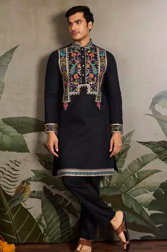Black viscose silk thread with sequence embroidered work kurta only