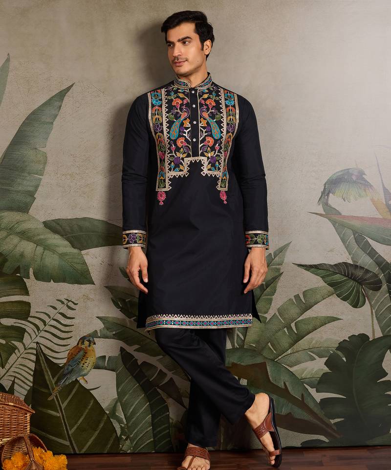 Black viscose silk thread with sequence embroidered work kurta only