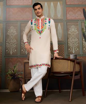 Cream pure cotton real mirror with multi thread work kurta only 2