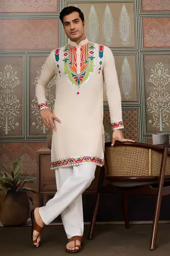 Cream pure cotton real mirror with multi thread work kurta only