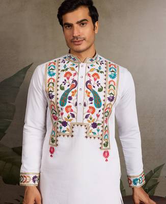 White viscose silk thread with sequence embroidered work kurta only 5