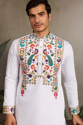 White viscose silk thread with sequence embroidered work kurta only