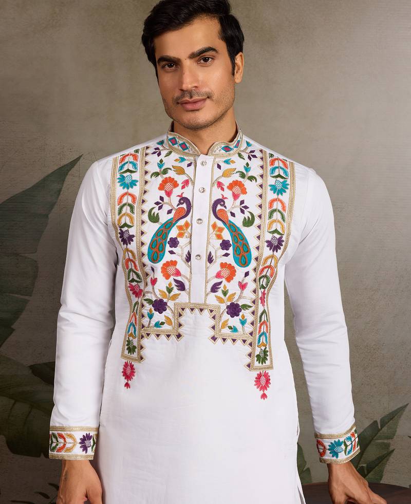White viscose silk thread with sequence embroidered work kurta only