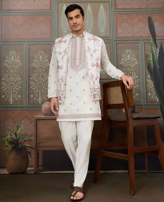 White viscose silk multi thread with sequence embroidered work kurta jacket & bottom 2
