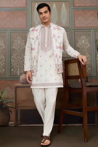 White viscose silk multi thread with sequence embroidered work kurta jacket & bottom