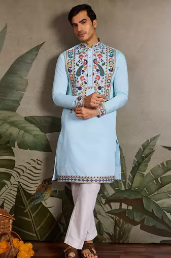 Sky blue viscose silk thread with sequence embroidered work kurta only