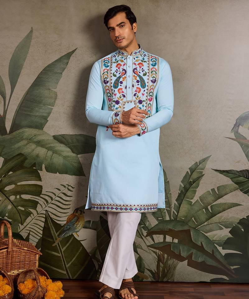 Sky blue viscose silk thread with sequence embroidered work kurta only