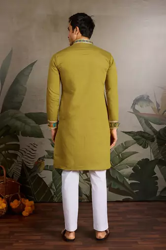 Fluorescent green viscose silk thread with sequence embroidered work kurta only