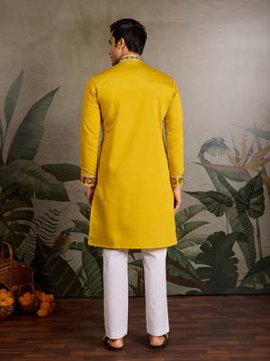 Yellow viscose silk thread with sequence embroidered work kurta only 2