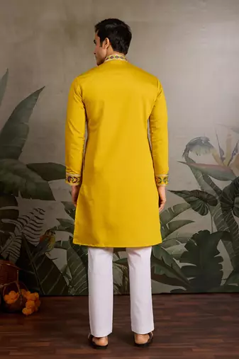 Yellow viscose silk thread with sequence embroidered work kurta only