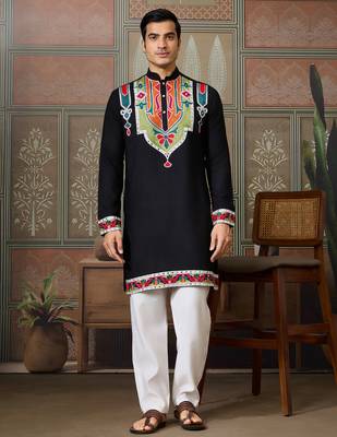 Black pure cotton real mirror with multi thread work kurta only 1
