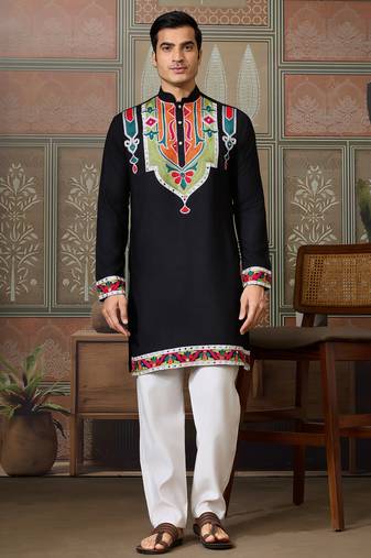 Black pure cotton real mirror with multi thread work kurta only