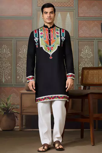 Black pure cotton real mirror with multi thread work kurta only