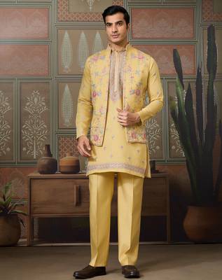 Yellow viscose silk multi thread with sequence embroidered work kurta jacket & bottom 1
