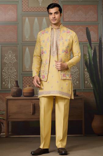 Yellow viscose silk multi thread with sequence embroidered work kurta jacket & bottom
